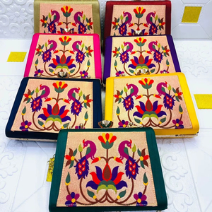 Handmade Embroidered Peacock Design <b>Clutch</b> Bag with Metal Handle | Designer Ethnic <b>Wedding</b> Party Handbag for Women - Product Image 1