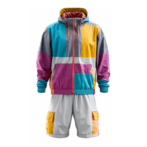 Ensemble de survêtement unisexe imperméable color block, coupe-vent léger à manches longues, style streetwear, avec short et veste de pluie à poches latérales - Product Image 3