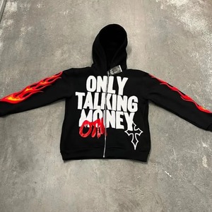 เสื้อฮู้ดซิปผู้ชายสีชมพู พิมพ์ลาย Only Talking Money ผ้าฟลีซ สไตล์ฮิปฮอป ทรงปกติ ใส่ได้ในฤดูใบไม้ร่วง - Product Image 2