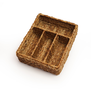 Handwoven Eco-Friendly Natural Seagrass 4-Compartment Storage Basket Tray for Cutlery, <b>Desk</b> & Cosmetic Organization - Product Image 1