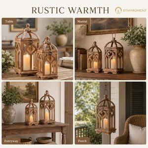 Lanterne décorative vintage en bois en forme d'arche pour fenêtre, style ferme, avec panneaux en verre et poignée de suspension - Product Image 3