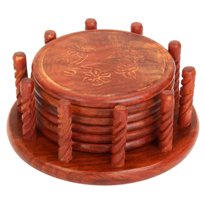 <b>Set</b> of 6 Trending Classic Natural Wooden Coasters with Stand Manufactured Wholesaler and Supplier - Product Image 1
