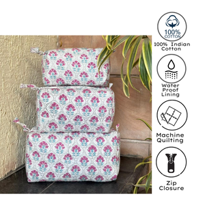 Premium White Pink Jaipur hand block print Cotton Quilted Pouch Set Sustainable non toxic dye Waterproof Daily Use Durable - Product Image 3