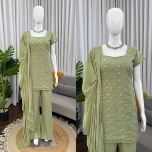 Traje de Trabajo Mini con Cuello Alto, Diseño de Corte Bootcut, Bordado Floral con Lentejuelas, Cintura Natural, Estilo Línea A, en Faux Georgette, para Fiestas de Verano - Product Image 6