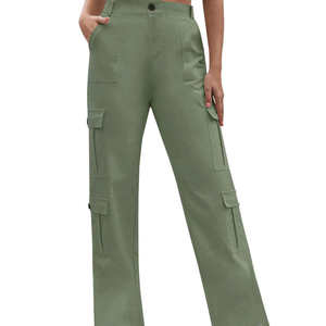Women's High Waist <b>Cargo</b> Pants Solid Green Canvas Casual Full Length With Pockets Loose Fit Drawstring Closure Spring Style - Product Image 5