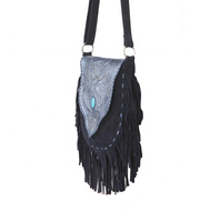 Tas Kulit Asli Wanita RADABA, Warna Navy Metalik, Berhias Kancing Perak dan Batu Giok Turquoise, Model Vintage