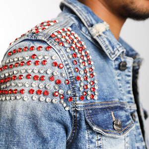 Veste en jean d'hiver personnalisée pour homme avec strass, col montant et logo frontal - Service OEM - Product Image 6