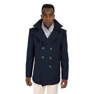 Abrigo de lana de la mejor calidad para hombre, color azul, cierre de botones, corte ajustado, grueso, cortavientos, para clima frío. - Product Image 1