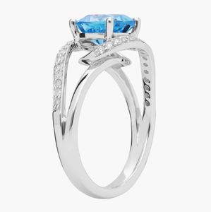 Anillo de compromiso de topacio azul talla cojín con engaste de garra, plata de ley 925 chapada en oro, de lujo para fiesta de bodas - Product Image 3