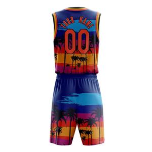 Ensemble de maillot de basket sublimé pour hommes, col en V, sans manches, motif palmier et coucher de soleil, uniforme d'équipe, short - Product Image 4