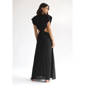 Mono largo de lino negro para mujer, cuello en V, manga abullonada, diseño hueco, ajuste holgado, estilo minimalista, ropa de playa para primavera y verano - Product Image 6