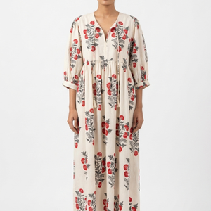 Belle robe en coton imprimée à la main avec motifs floraux pour un usage décontracté, beige, été, séchage rapide - Indus Art & Emporium - Product Image 1