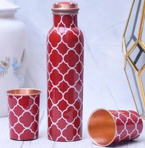 Enamel Copper Water Bottle Round Metal Flask with Lid and Cup Pattern <b>Drinkware</b> for Home Office Travel Gift - Indian Home Crafts - Product Image 2