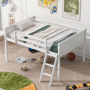 Letto a soppalco basso in legno bianco a grandezza naturale con scaletta, opzioni di posizionamento scaletta a sinistra o a destra (Vecchio SKU GX000366AAK) - Product Image 1