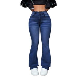 Vaqueros de mezclilla acampanados de cintura alta para mujer, color azul piedra, 100% algodón, transpirables, ecológicos, estilo vintage - Product Image 1