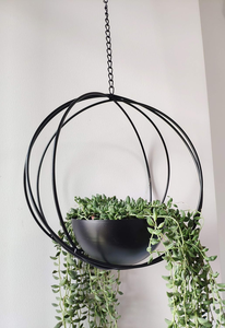 Pot suspendu en métal avec cadre circulaire en fer noir et pot décoratif, support de plante suspendu au plafond pour l'intérieur, la maison, le jardin, le balcon - Product Image 6
