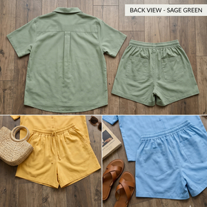 Women's Summer Cotton Short Sleeve Shirt With Drawstring Shorts <b>Set</b> Solid Color Casual Loose Fit T Shirt Shorts Two Piece Ladies - Product Image 4