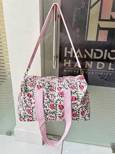 Boho Luxury Cotton Quilted Floral Duffle Bag Indian <b>Hand</b> Block Print Zipper <b>Lightweight</b> Travel Shoulder Bag for Weekend Trips - Product Image 3