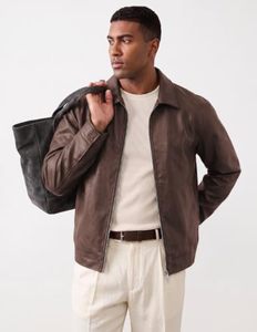 Blouson aviateur imperméable en cuir de mouton marron pour homme, col montant, fermeture éclair, coupe décontractée, vêtement d'hiver, fourrure de mouton - Product Image 3