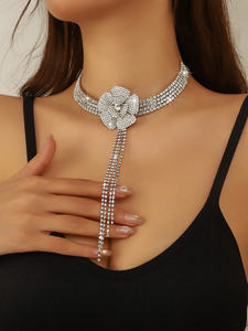 AMBER JEWELS Collier ras-de-cou de luxe en argent 925 avec fleur en cristal de moissanite et pampille, plaqué or 14K, unisexe, ensemble de bijoux de mariage IGI - Product Image 1