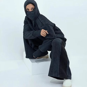 Ensemble de survêtement d'hiver pour femmes, deux pièces, sweat-shirt à capuche, pantalon de jogging à jambes larges, couleur unie, coupe décontractée, à porter toute l'année - Product Image 4