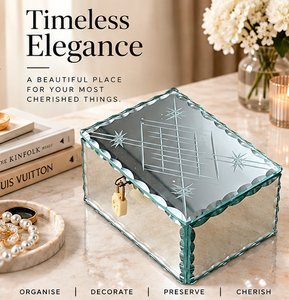 Aqua <b>Mirrored</b> Glass <b>Jewelry</b> Box with Etched Design Beveled Edges Secure Lock Soft Velvet Lining Decorative Keepsake Organizer - Product Image 2