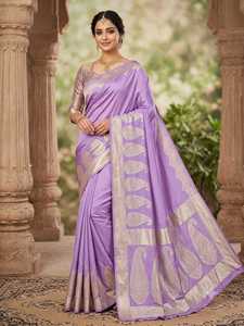 <b>Purple</b> BANARASI KATAN Silk <b>Saree</b> With Gold Paisley Border Traditional Indian Wedding Wear For Women Floor-Length Regular Fit - Product Image 1