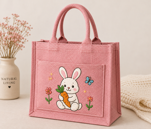Pink Cartoon Bunny Jute Tote <b>Bag</b> With Carrot Pattern Zipper Closure Handheld Shopping <b>Bag</b> <b>Medium</b> Size - Product Image 1