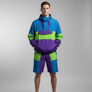 Ensemble de survêtement personnalisé avec logo, veste légère en polyester à blocs de couleur unie brodés, short et coupe-vent en nylon élastique - Product Image 4