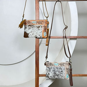 Portefeuille longue pochette mince en cuir repoussé à la main avec fermeture à glissière Durable femmes bandoulière de luxe portefeuille cheveux sur sac à main en peau de vache - Product Image 4