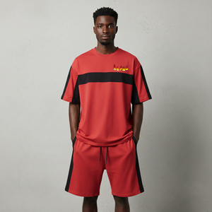 เสื้อยืดโอเวอร์ไซส์ 2 สีแบบ OEM/ODM สั่งทำได้ พร้อมกางเกงขาสั้น ชุดเซ็ต 2 ชิ้นสำหรับผู้ชาย ทรงหลวม ไหล่ตก ผ้าคอตตอน 100% หนานุ่ม - Product Image 1