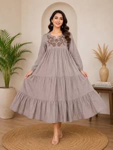 Brown Cotton Embroidered V Neck Loose Fit Midi Abaya Long Sleeve Modest Tiered <b>Ruffle</b> Muslim Women <b>Dress</b> for Prayer Eid Evening - Product Image 2