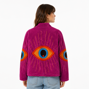 Veste matelassée en velours brodé violet, col montant, manches longues, fermeture éclair, manteau pour femme, printemps automne - Product Image 2