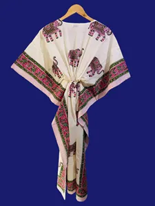 Vestido maxi tipo caftán blanco con estampado de elefantes estilo bohemio, cuello en V, corte holgado para mujer, vestido informal de algodón para vacaciones y playa - Product Image 2