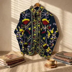 Chaqueta de Lana Bordada a Mano con Flores, Cuello Mandarín, Manga Larga, Abrigo de Invierno para Mujer, Estilo Chic de las Praderas - Product Image 1