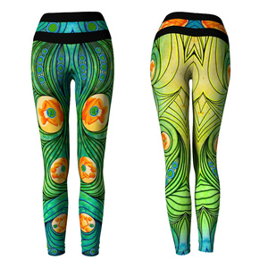 High Waist Full Length <b>Leggings</b> With Green Blue <b>Floral</b> Print Stretch Knitted Spandex Polyester Women's Yoga Pants All Seasons - Product Image 3