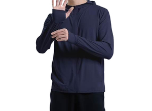 Sweat-shirt à capuche zippé bleu marine pour homme, couleur unie, séchage rapide, tricoté, décontracté, avec logo frontal, léger, pour l'automne, vente en gros - Product Image 2