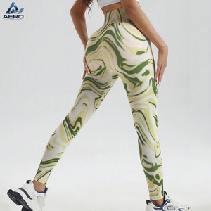 Leggings de yoga azules de cintura alta y largo completo con estampado por sublimación y tela elástica en cuatro direcciones para venta al por mayor - Product Image 2