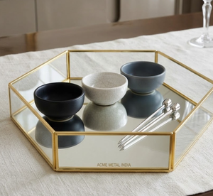 Elegant ACME METAL Hexagon Glass Storage <b>Tray</b> <b>Mirrored</b> Finish <b>Gold</b> Frame Minimalist Design for Table Use - Product Image 3