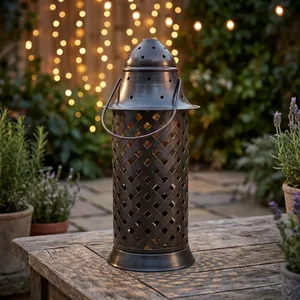 Metal Cylindrical <b>Lantern</b> With Lattice Design Durable <b>Outdoor</b> <b>Candle</b> Holder - Product Image 1