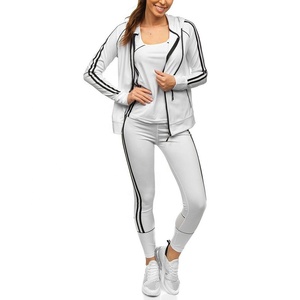 Women's <b>White</b> <b>2</b> <b>Piece</b> Zipper Tracksuit <b>Set</b> Full Length Hooded Vintage Style Solid Side Stripe Knitted Spandex/Nylon Winter - Product Image 3