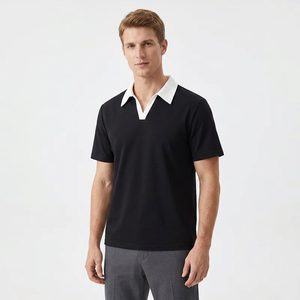 Chemise noire à manches courtes pour homme, col blanc, décontractée, tricotée, 100% coton, respirante, couleur unie, coupe classique, design élégant, 220g - Product Image 3