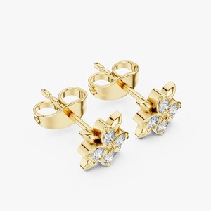 Boucles d'oreilles clous fleur à quatre pierres en or jaune 9K avec diamant de laboratoire 0,144 carat taille brillant rond, motif feuille florale, bijoux fins, vente en gros - Product Image 6