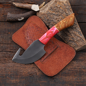 Cuchillo de caza de hoja fija Nordic Forge Gut Hook con acabado en ácido, mango de resina, espiga completa, cuchillo personalizado OEM/ODM, funda de cuero - Product Image 1