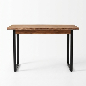 Escritorio Moderno con Superficie de Teca Sólida, Mesa Consola con Borde Natural, 1 Cajón y Patas Metálicas para Apartamento - Product Image 2
