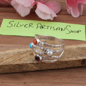 Bague de mariage côtière pour femme en argent sterling 925 avec sertissage clos corail turquoise et pierres précieuses multiples, vente en gros - Product Image 2