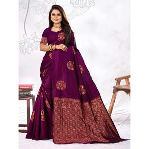 WEDDING WEAR BANARASI SILK <b>SAREE</b> WITH UNSTITCHED BLOUSE <b>PURPLE</b> - Product Image 1