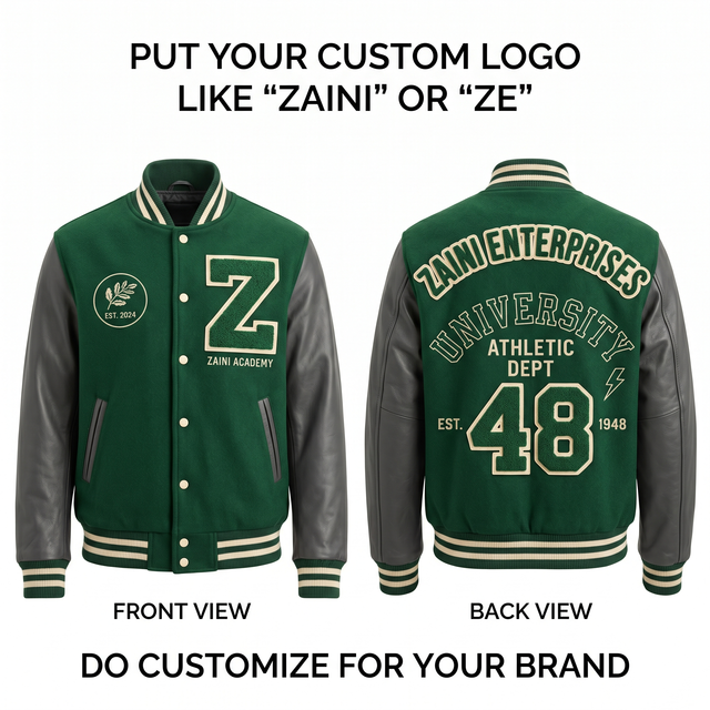 Custom Varsity Jacket 820 GSM Melton Wool Body 450 GSM PU Leather Sleeve Green Gray Panel Chenille Embroidery