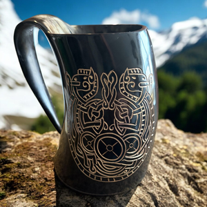 FAIZA CRAFT Chope à boire artisanale en corne de buffle, style viking africain moderne, gravée, pour bière, hydromel, bière artisanale - Compatible lave-vaisselle, faible hauteur - Product Image 5