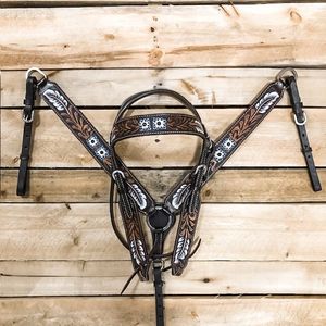 Top tendance usiné à la main Collection Blue Feather Headstall et Breastcollar Set Cowhide Lightweight Designs Seasonal Horse Tack - Product Image 1